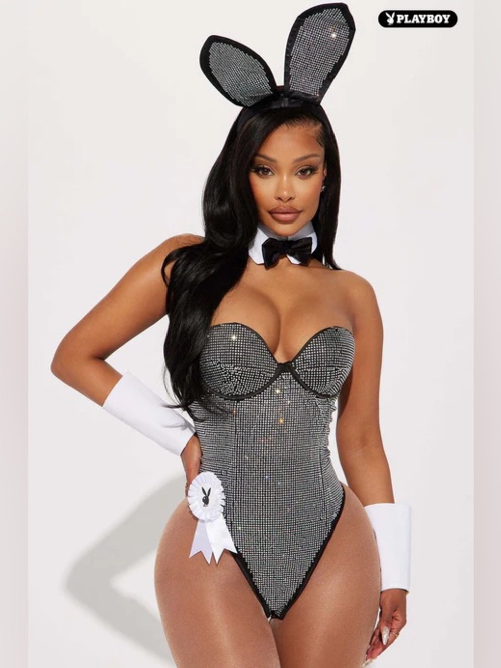 New Black Rhinestone Classic Playboy Bunny Club Halloween Cosplay Costume Set S🖤
